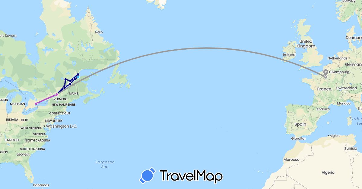 TravelMap itinerary: driving, plane, train, boat in Canada, France (Europe, North America)